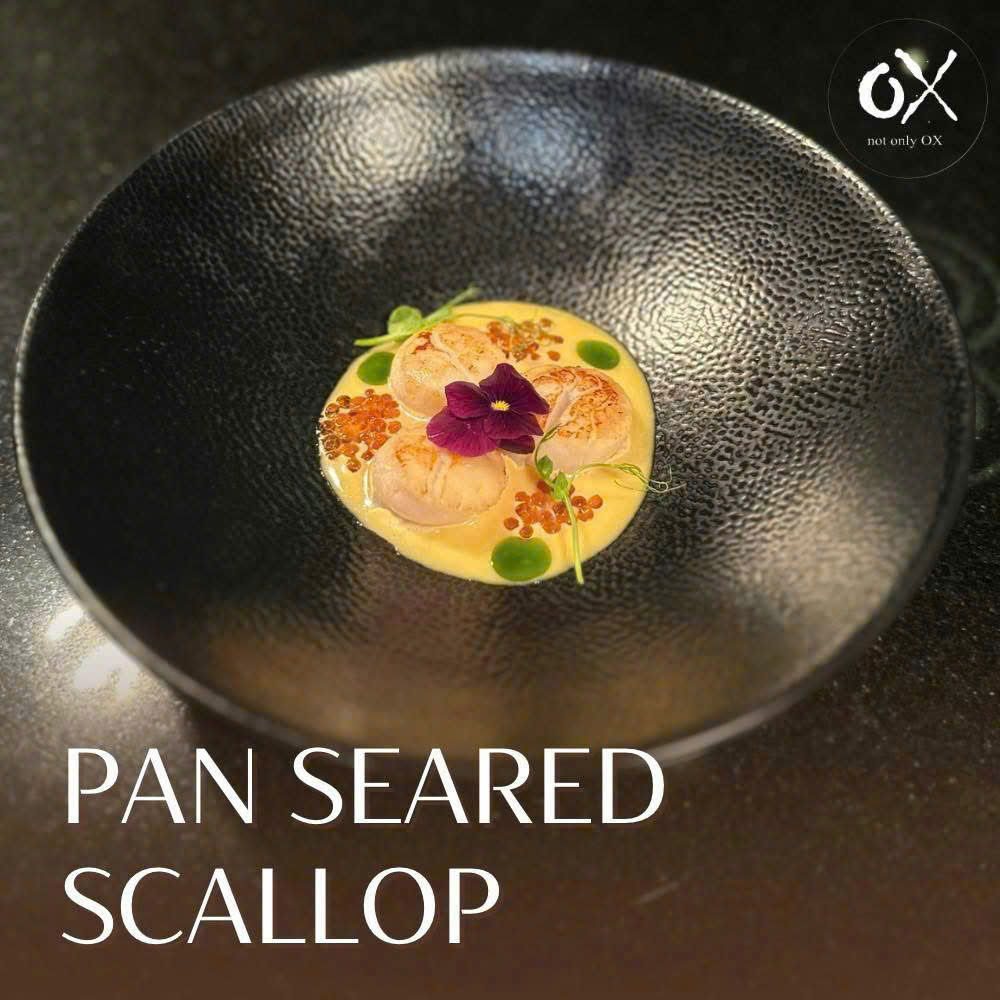 Pan-seared scallops with roe and flowers, with The OX’s original printed title