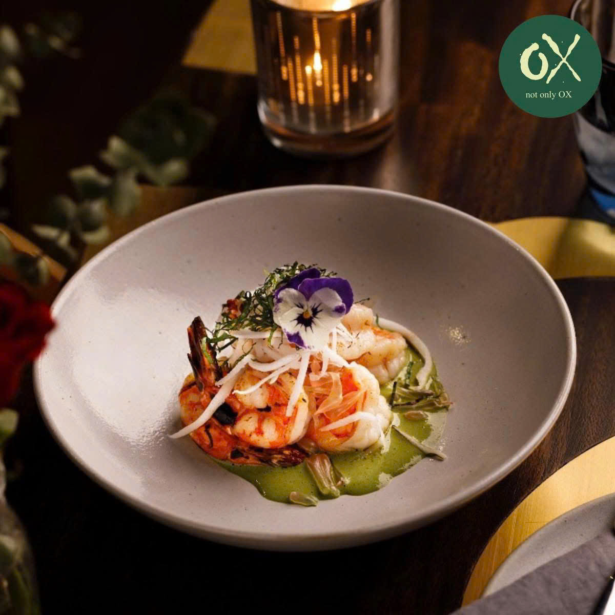 Prawn salad with vegetable ribbons, herbs and flowers
