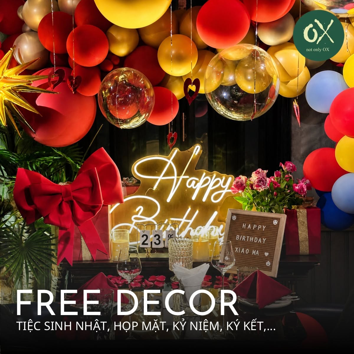 Red-and-gold balloons and a birthday table in The OX’s complimentary-decoration artwork