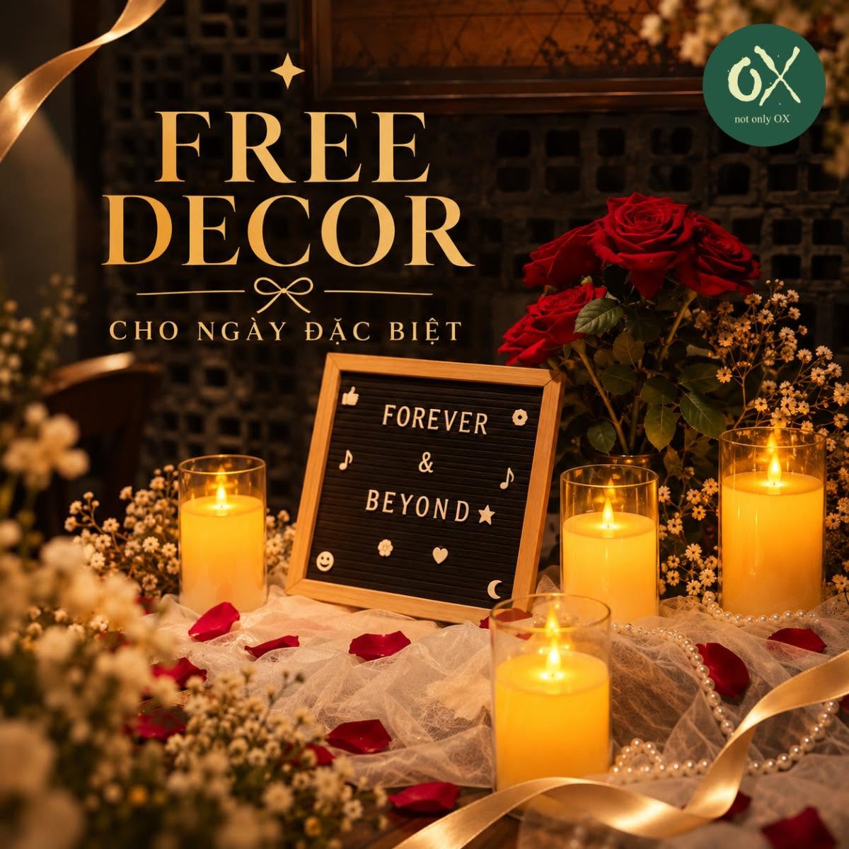 Candlelight, red roses and a letterboard in The OX’s complimentary-decoration artwork